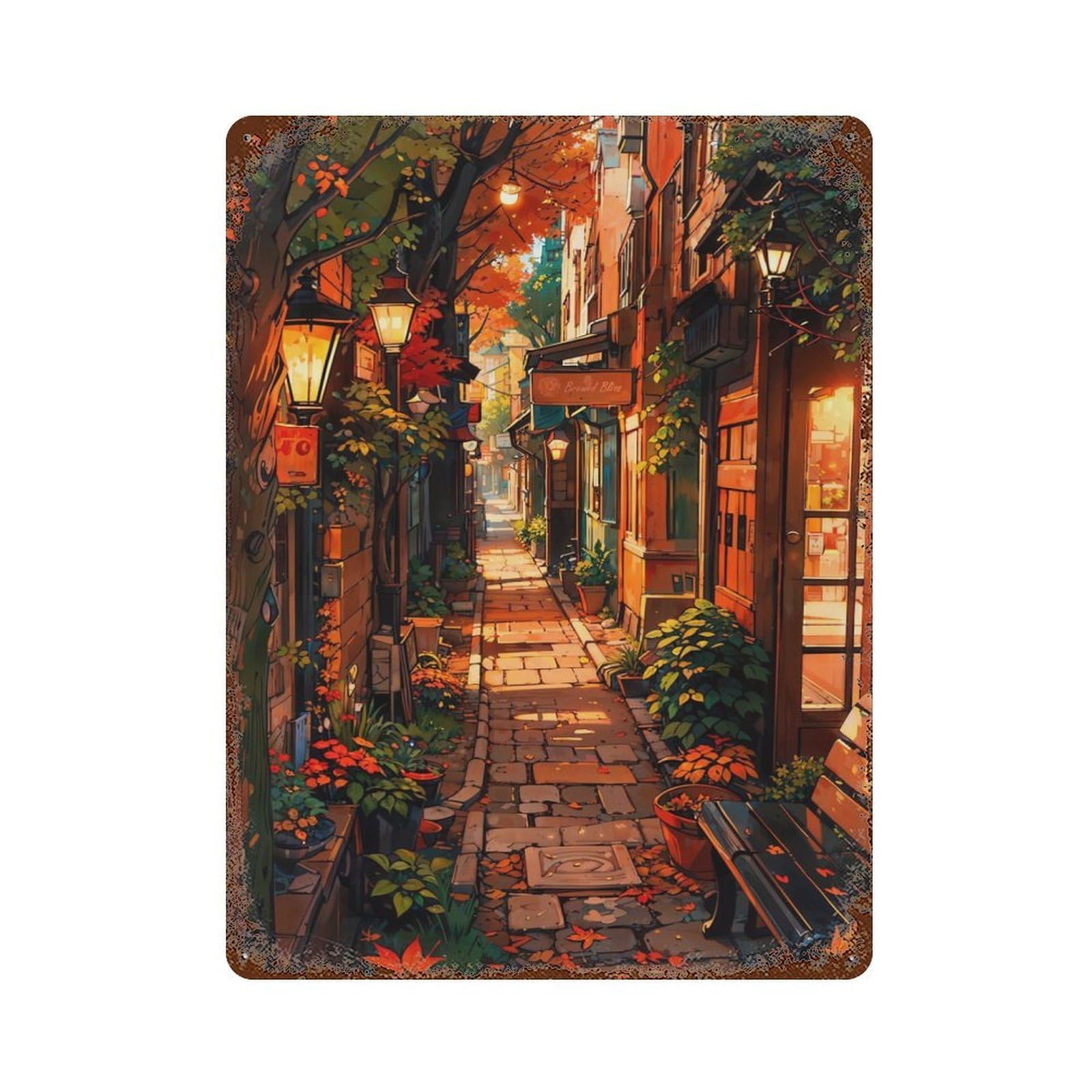 Autumn Street Retro Metal Sign 15.7"x11.8", Shabby Chic Decor for Bistro, Counter And Cafe Decor
