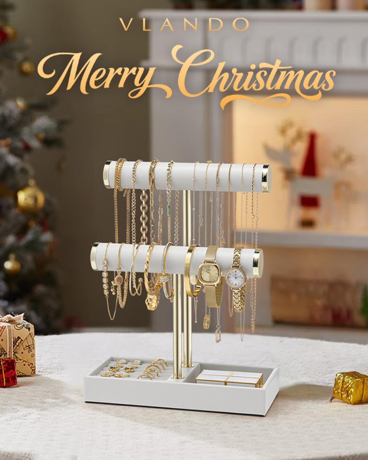 Vlando 2 Tier Bracelet Holder 0rganizer with Tray - Leather Jewelry Stand Organizer for Women - Jewelry Holder Display for Necklace, Watches, Rings, Earrings, Bangle, Scrunchie - White