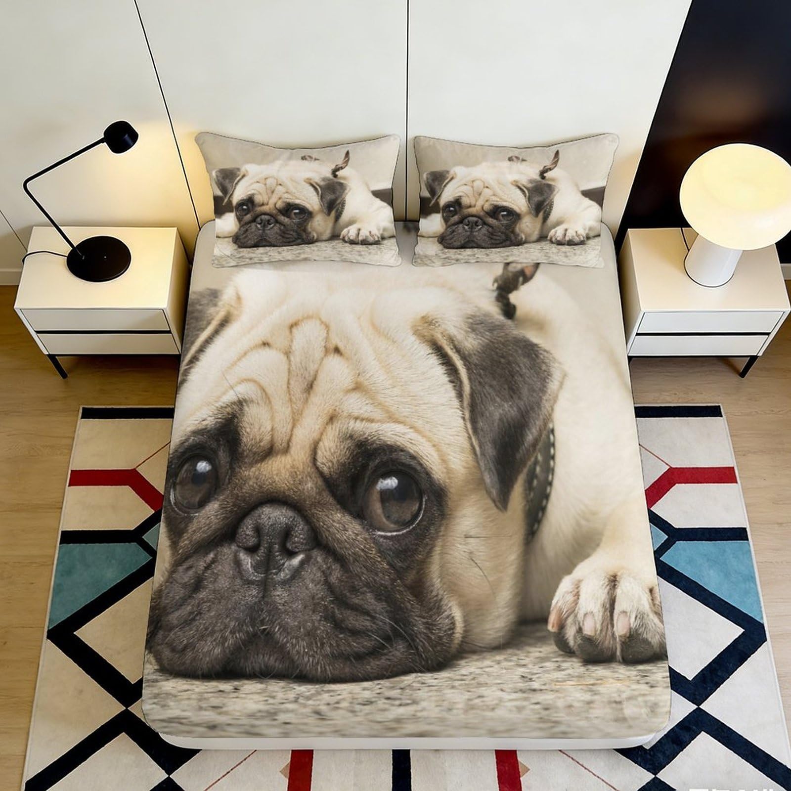 3D Printed Pug Dog Fitted Sheet Microfiber Soft Washable Animal Pattern Bed Cover for Bedroom Guest Room Decor 90x200x25cm