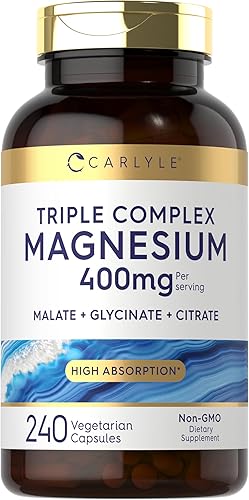 Carlyle Complejo triple de magnesio | 400 mg | 240 cápsulas | Malato de magnesio, glicinato y citrato | Suplemento vegetariano, sin OMG y sin gluten