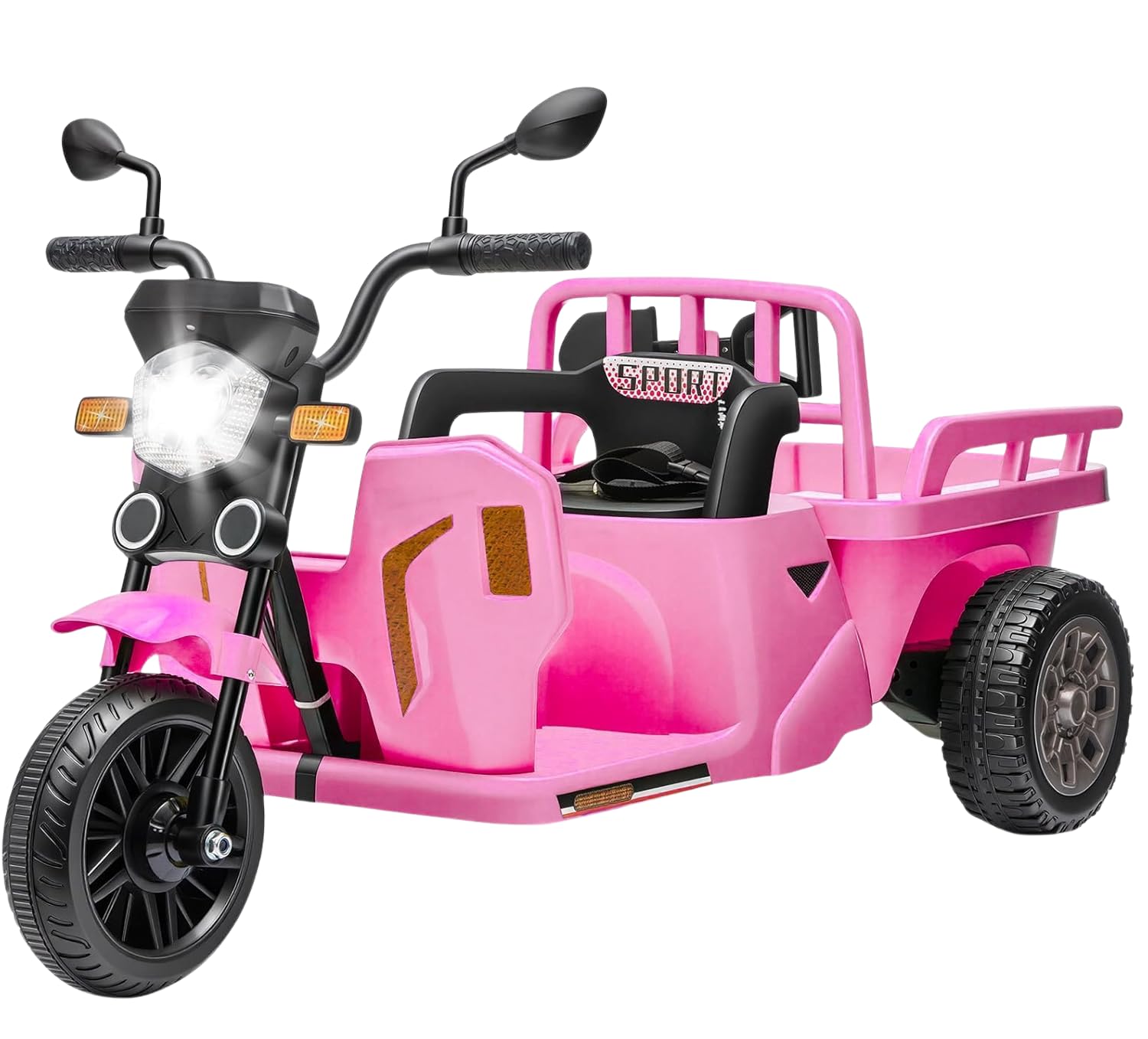 Elektrisches Dreirad 12V Kinder mit Anhängerplattform, dreirädriges Elektro-Kinderfahrzeug mit Fernsteuerung, Musik, Bluetooth, Rückspiegeln und LED, für Kinder ab 3 Jahren, Rosa