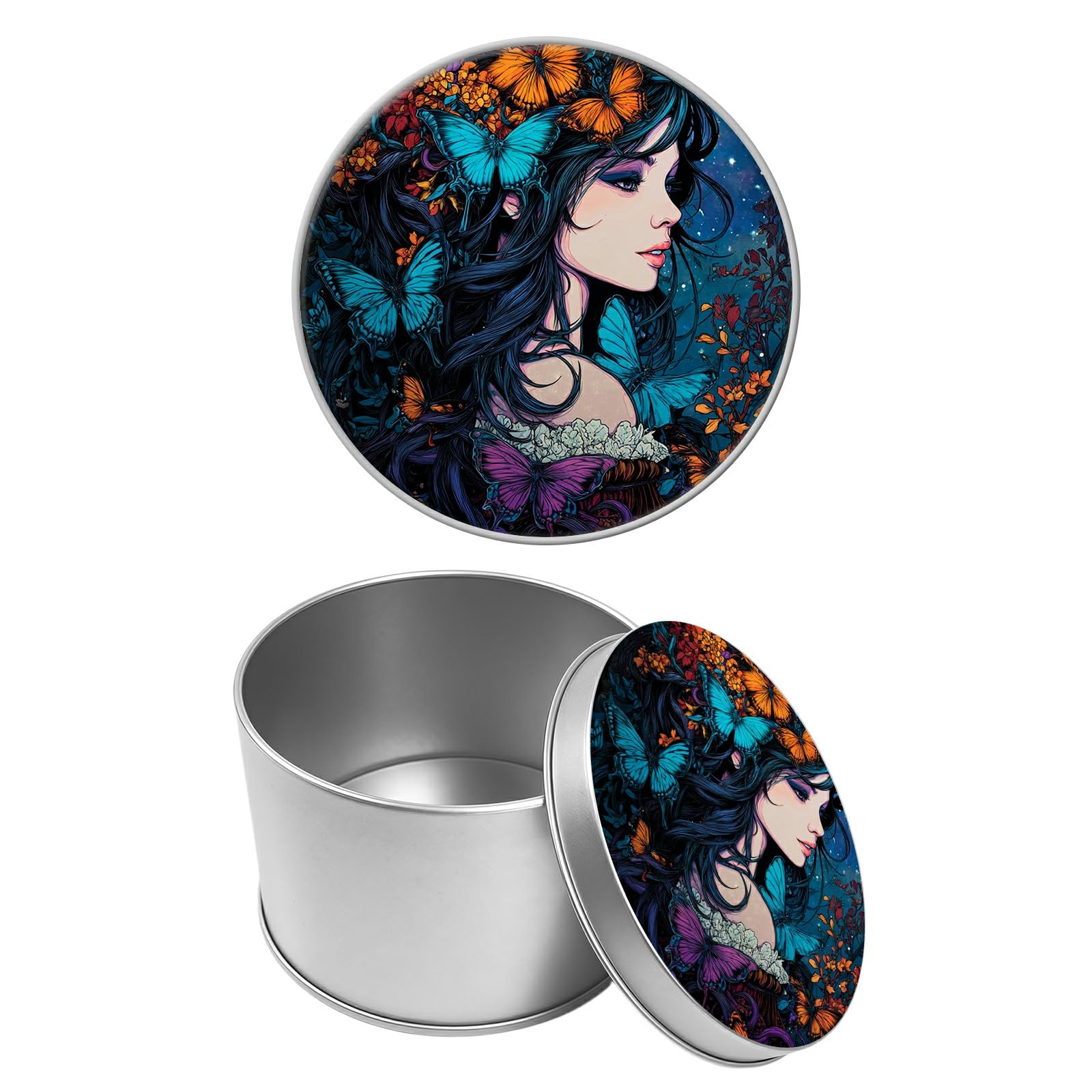 Round Metal Tin Container with Removable Lid, Butterfly Girl Durable Metal Storage Box for Cookies Spices Tea Candies Cakes Jewelry Cosmetics 3.54 x 2.36 inch– Single Pack