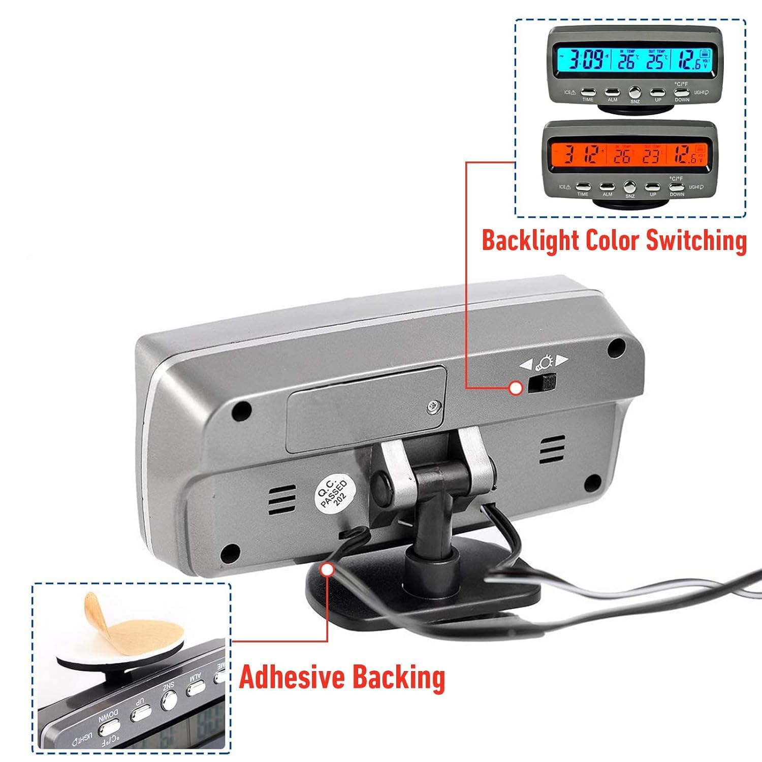 Thermomètre numérique intelligent multifonction pour voiture, thermomètre extérieur Fahrenheit Celsius double écran LCD avec rétroéclairage LED bleu/orange, fonction horloge/calendrier/tension