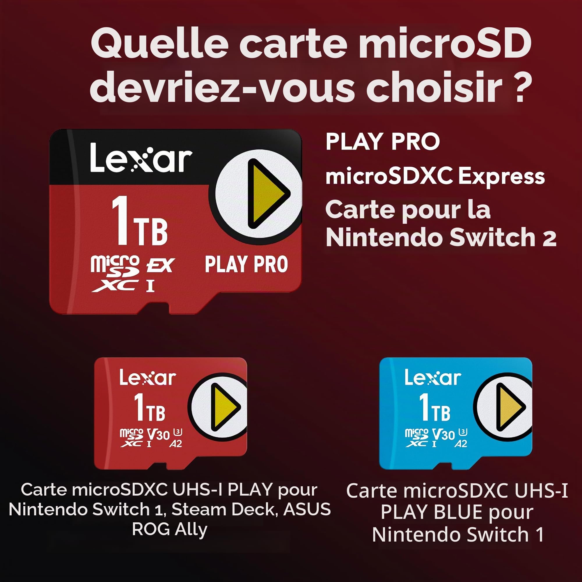 Lexar Carte microSDXC Express Play Pro 512 Go, UHS-I, C10, U3, V30, A2, Full HD, vidéo 4K, jusqu'à 900 Mo/s de Lecture, pour Nintendo Switch 2, ASUS ROG Ally, Steam Deck, appareils de Jeu