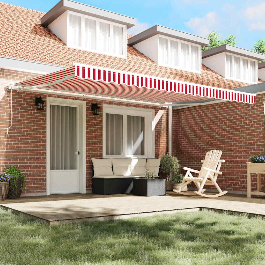Tenda da sole motorizzata con braccio snodato rosso bianco, 450 x 300 cm, tenda da sole da esterno con motore e manovella manuale, poliestere idrorepellente con rivestimento in PU, acciaio verniciato