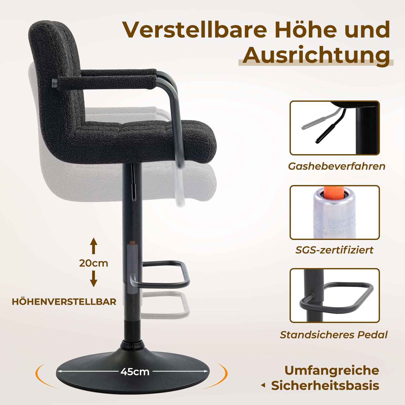 Barhocker 2er-Set, Höhenverstellbarer Barstuhl 360° Drehstuhl Küchenstuhl, Barhocker mit Lehne und Armlehne, Verstellbarer Hydraulische Hocker für Küche und Esszimmer, Kunstfell Schwarz