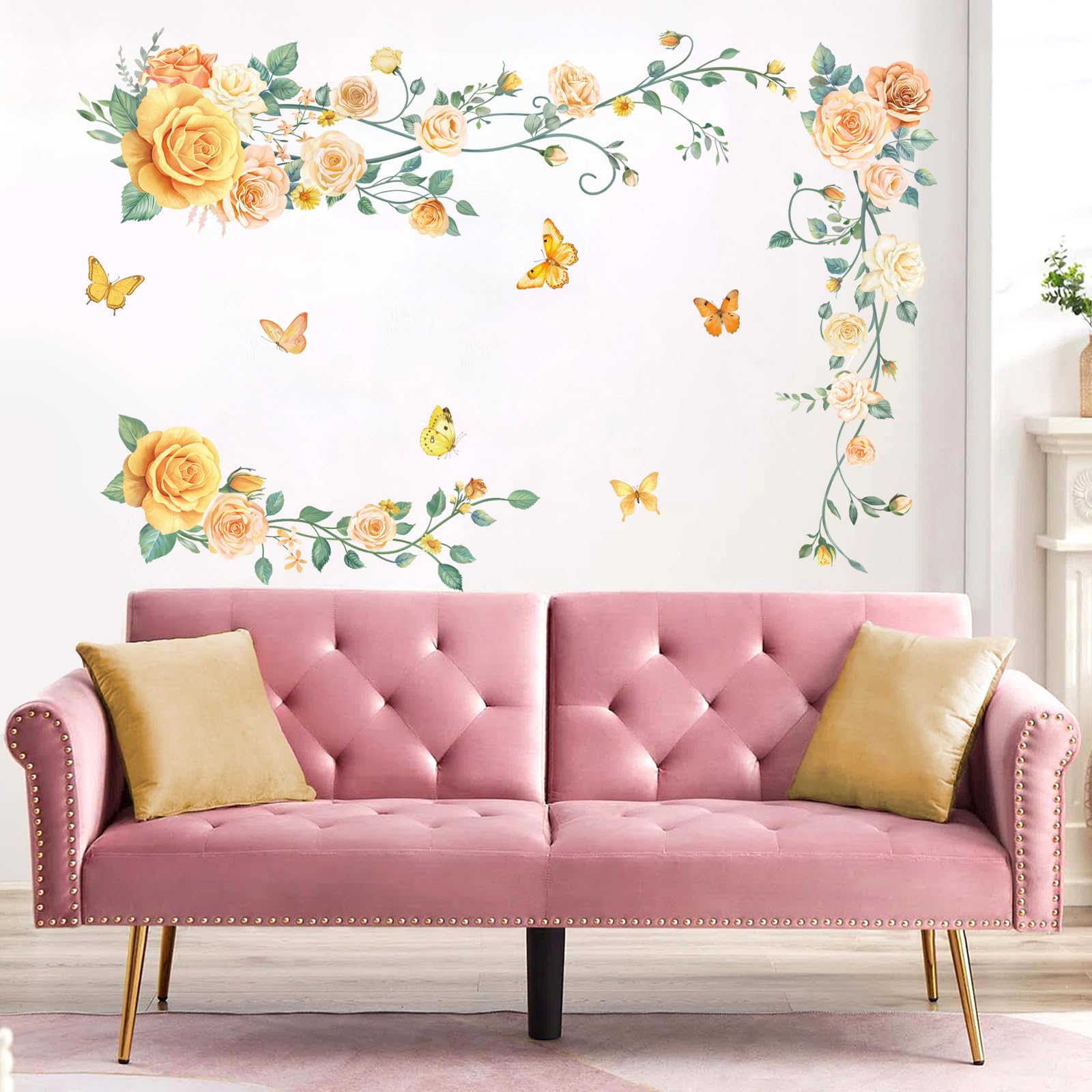 FUFUQUARE Hanging Flower Vine Wall Stickers Removable Elegant Yellow Rose Floral Butterflies Wall Art Decals for Bedroom Living Room Door Furniture Décor - Image 3