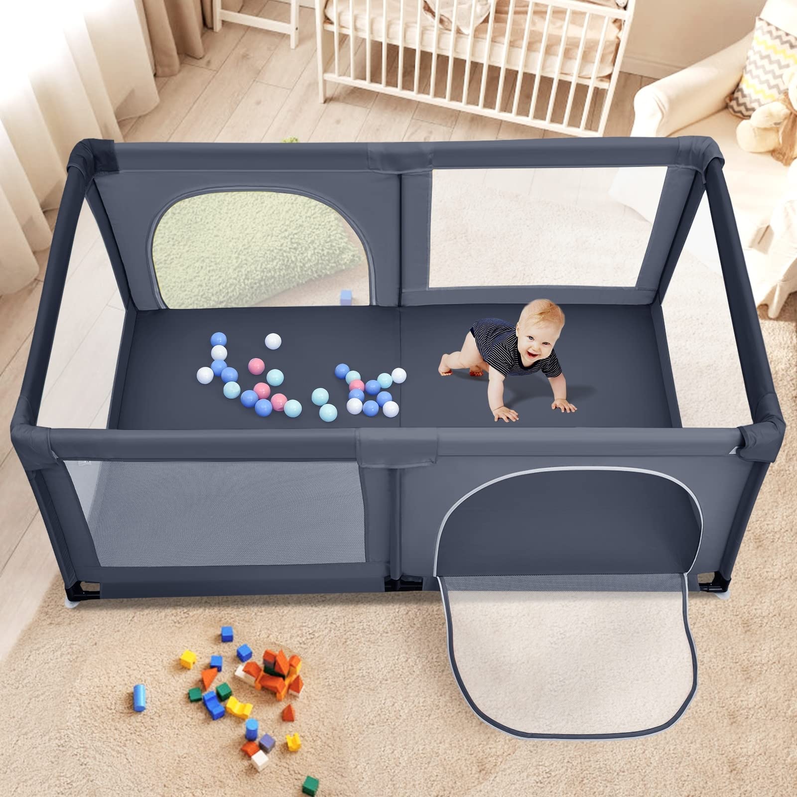 LIFEZEAL Parc de Jeu pour Bébé, Parc Bébé en Oxford, Centre d'Activité Enfants avec 50 Balles, Ventouses Antidérapantes, Idéal pour Intérieur et Extérieur (190x120x69 cm, Gris foncé)