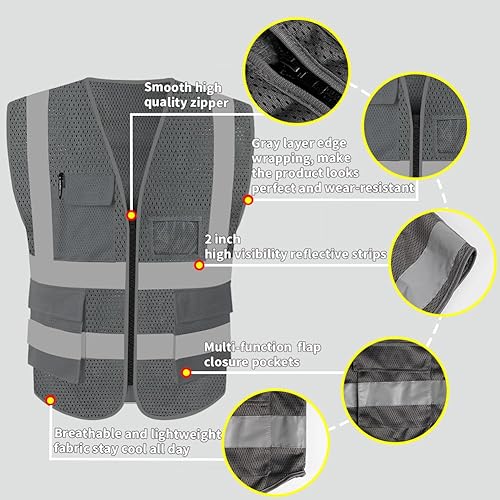 Miniatura 65 de HYCOPROT High Visibility Mesh Safety Reflective Vest with Pockets and Zipper, Meets ANSI/ISEA Standards