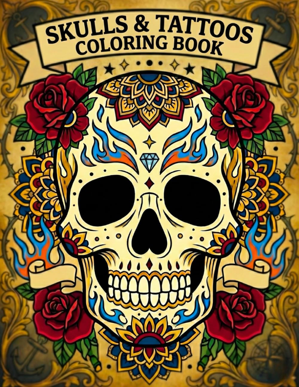 Sugar Skulls & Tattoos Coloring Book: +50 Designs, Bold & Easy Pages | Stress Relieving for Adults
