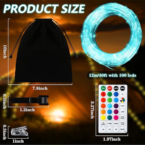 Miniatura 2 de Cadena de luces para tienda de campaña, 39 pies, 16 colores, 7 modos intermitentes, luces LED de camping, funciona con pilas, luz impermeable con