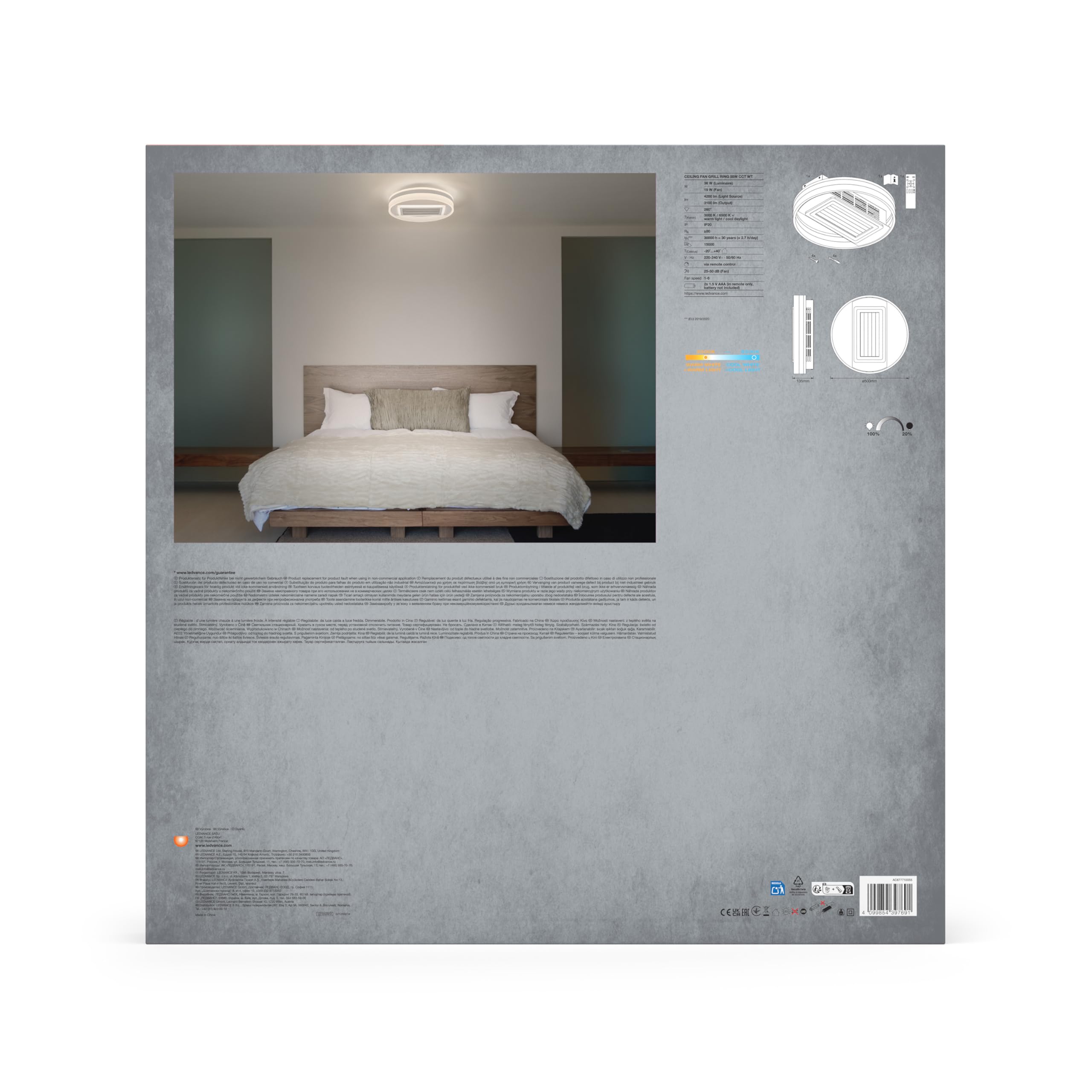 LEDVANCE Plafón/ventilador en forma de anillo; 55W; CCT; IP20 para uso | , Ceiling Fans with Lighting, 500.00 Millimetres dia, 30000 Hours, Paquete de 1