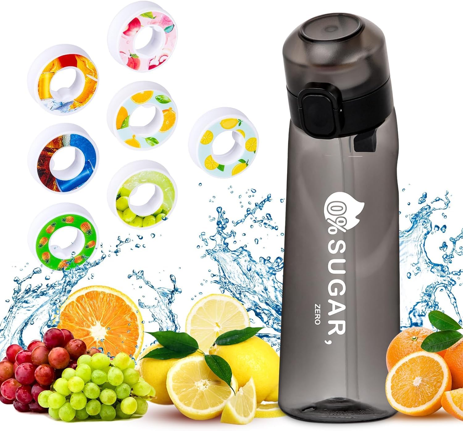 Air Water Bottle with 7 Flavour Pods, 650ml Water Bottle Set, Sports Water Bottles with Straw, 0 Sugar, 0 Calorie Drinking Fruit Fragrance Bottle for Fitness, Outdoor, Gift, Sport, Kids, Gift(Black)