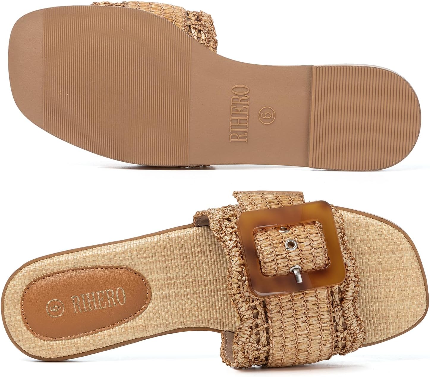 Rihero Women's Raffia Flat Sandals Square Open Toe Summer Beach Slip On Woven Buckle Slide Sandals - Image 5