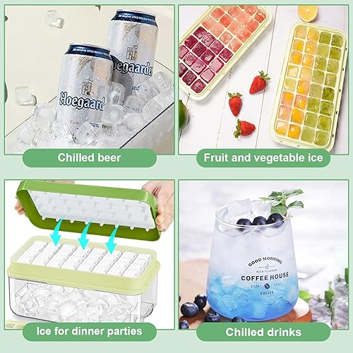 Miniatura 6 de Bandeja para cubitos de hielo con tapa y contenedor, 64 moldes para cubitos de hielo, bandejas de hielo para congelador, molde de bandeja para