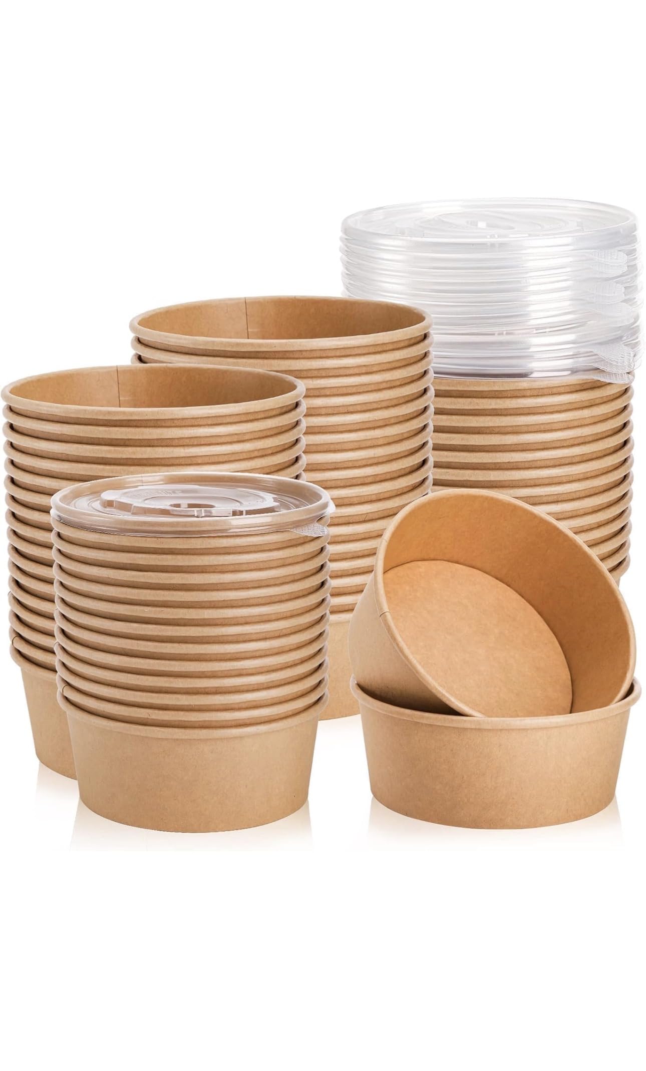 100 X 500ml Disposable Kraft Paper Salad Bowls with Lids 500ml - Leakproof Round Takeaway Food Containers, Microwavable Paper Bowls for Salad, Pasta, Rice, Soup, Meal Prep & Food Delivery