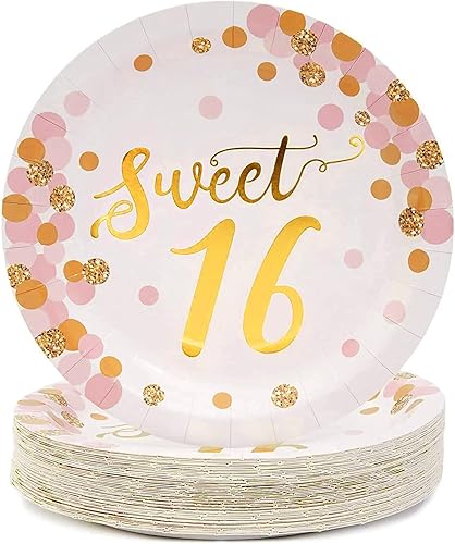 Sparkle and Bash Blue Panda - Platos de papel de 9 pulgadas para decoraciones de fiesta de cumpleaños número 16, color oro rosa y rosa, paquete de
