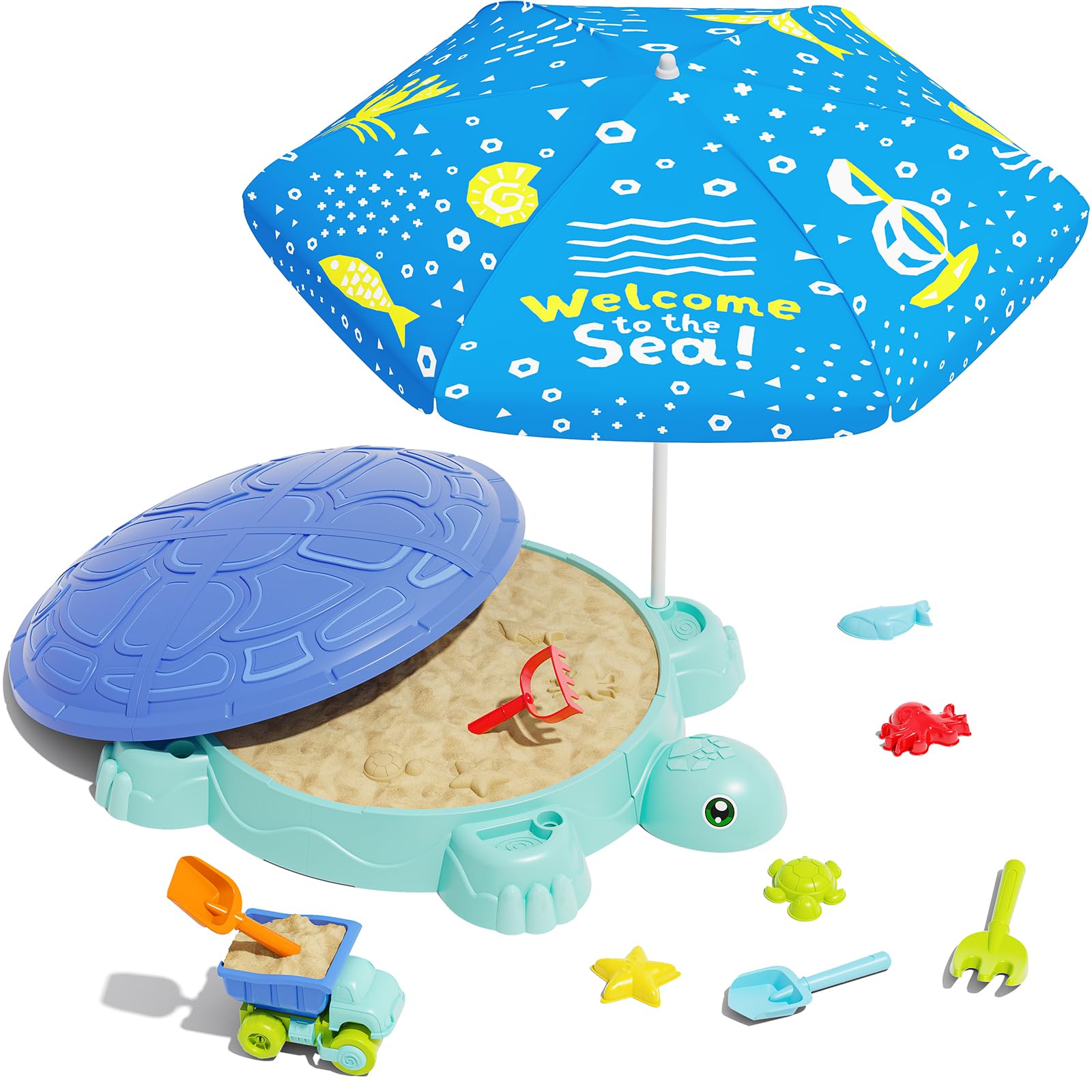 Turtle Sandbox with Lid & Adjustable Umbrella, Kids Sand Box with Sand Molds and Shovels Set for Sensory Play, Toddler Outdoor Indoor Toys for Boys Girls Ages 3+ (Blue)