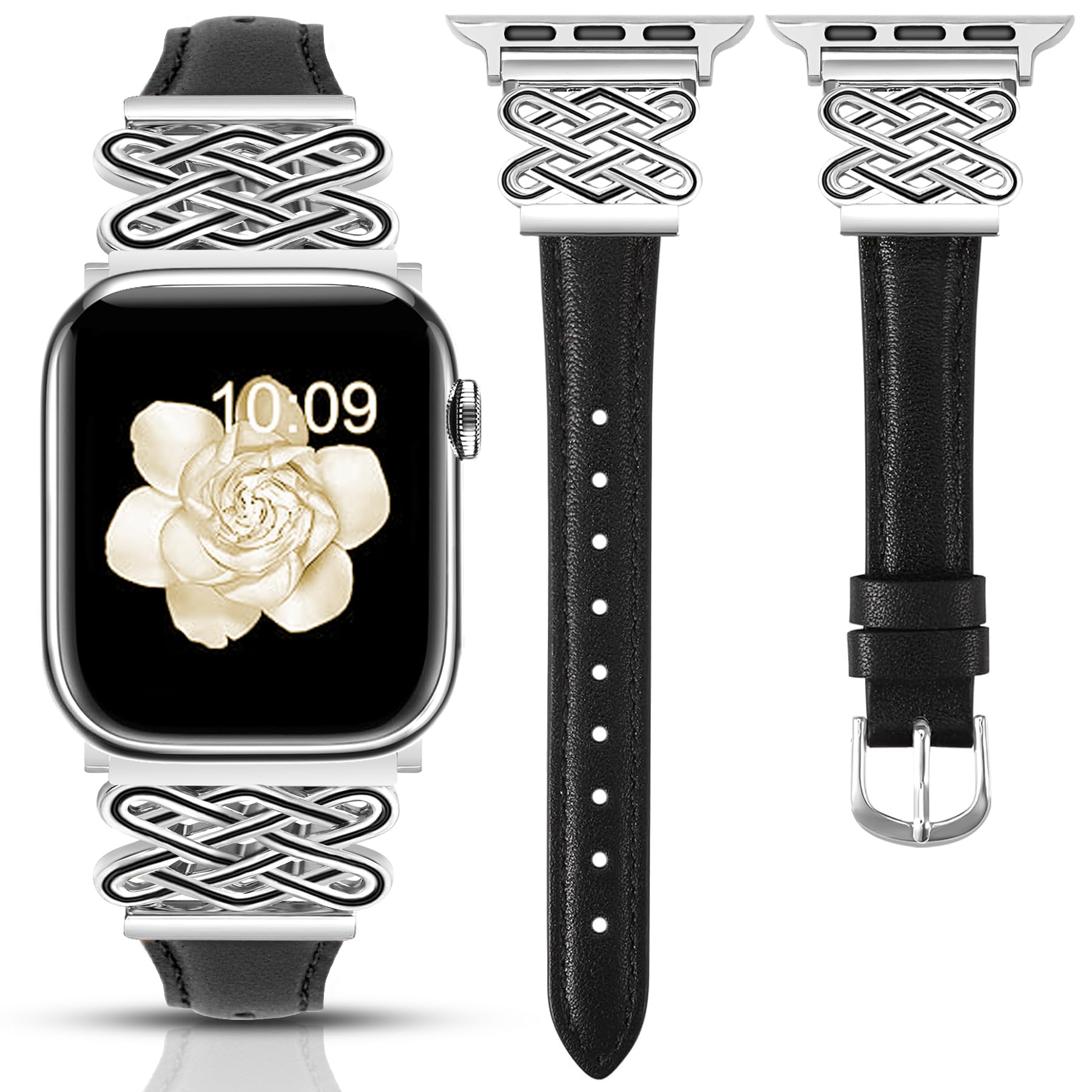 Newlibery Leather Band for Women Slim Dressy Bands Compatible with Apple Watch 38mm 40mm 41mm 42mm 44mm 45mm 49mm, Designer Interlock Buckle Strap for iWatch Series 10/9/8/7/6/5/4/3/2/1/SE/Ultra