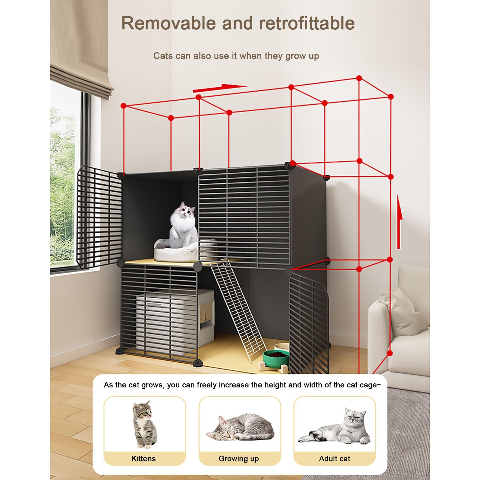 Gabbia per Gatti, Gabbie per Gatti da Interno, Recinto in Metallo Fai-da-Te per Gatti, Recinti Chiusi per Gatti, 75x49x111 cm, Ideale per Piccoli Animali e Conigli, Design Resistente con Gri