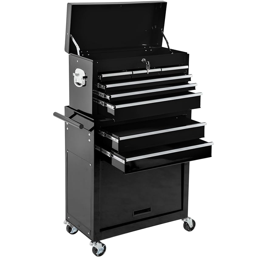 TecTake® Carrello Portautensili con Ruote, Porta Attrezzi Officina, Bauletto Estraibile Impilabile e Mobile, Portatutto - Nero