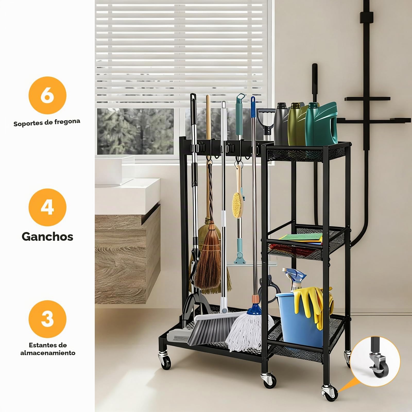 Carro de Limpieza 3 Estantes, Soporte para Escobas y Organizador Móvil con 6 Ruedas, para Hogar, Hotel, Escuela (Carga 50kg)