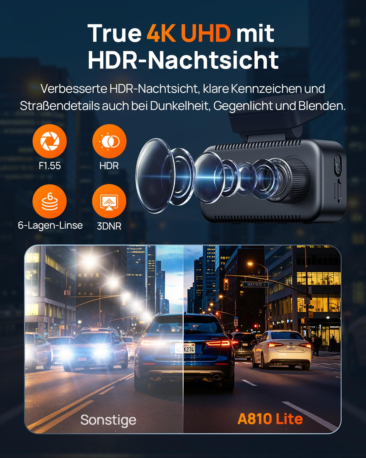 70mai A810 Lite Dashcam 4K 2160P+1080P 64GB Karte 24H Parküberwachung 4G LTE Fernzugriff G-Sensor Nachtsicht HDR F1.55 5GHz WiFi