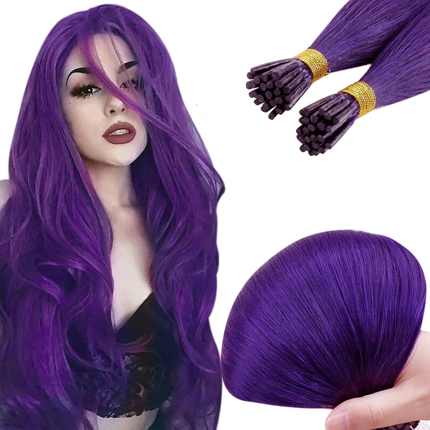 RUNATURA Colored I Tip Hair Extensions Purple Highlighted 16 Inch I Tip Human