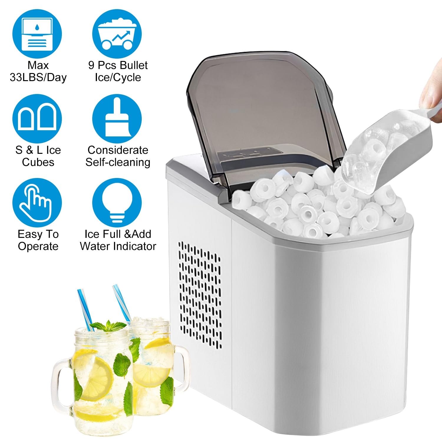 iMounTEK Ice Maker Countertop with Ice Scoop and Basket, Self-Cleaning Max 33LBS Per 24Hrs Countertop Ice Machine, Bullet-Shaped Ice Portable Ice Maker for Home, Kitchen, Office, Party, Bar and RV on Fridge.com
