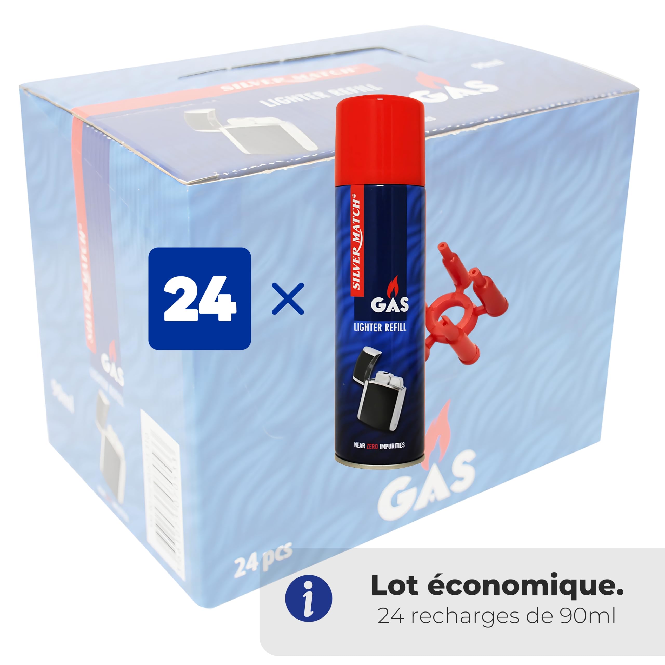 Silver Match Lot de 24 Recharges de Gaz 90 ML pour Briquet et Chalumeau de Cuisine, Gaz Butane Premium Pur, 5 Adaptateurs, Compatible Briquet Classique, Tempête, Chalumeau, Allume-Tout, D_40673310