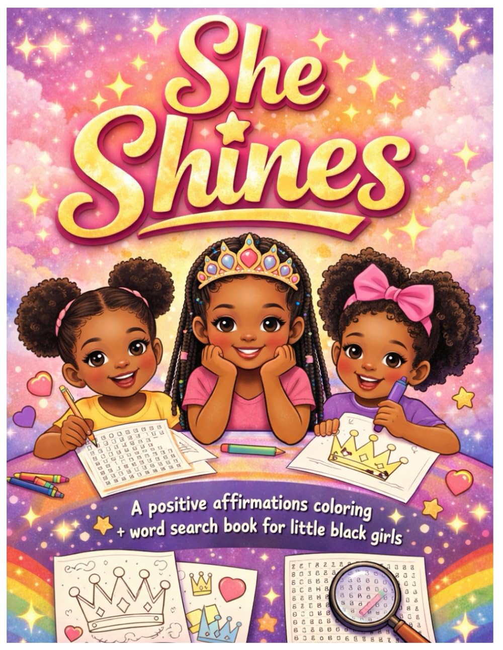 She Shines: A Positive Affirmations Coloring + Word Search Book for Little Black Girls