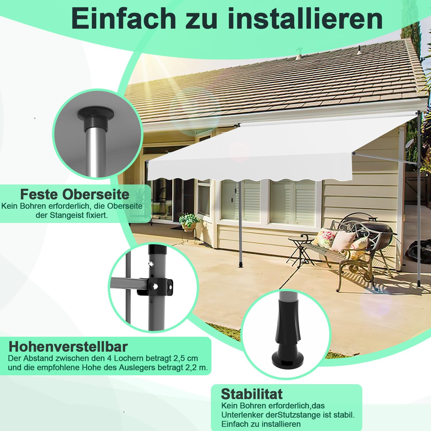 Toldo con sujeción de 300 cm de ancho con manivela manual, toldo para balcón sin necesidad de perforación, toldo ajustable en altura con protección UV50+ y repelente al agua, montaje