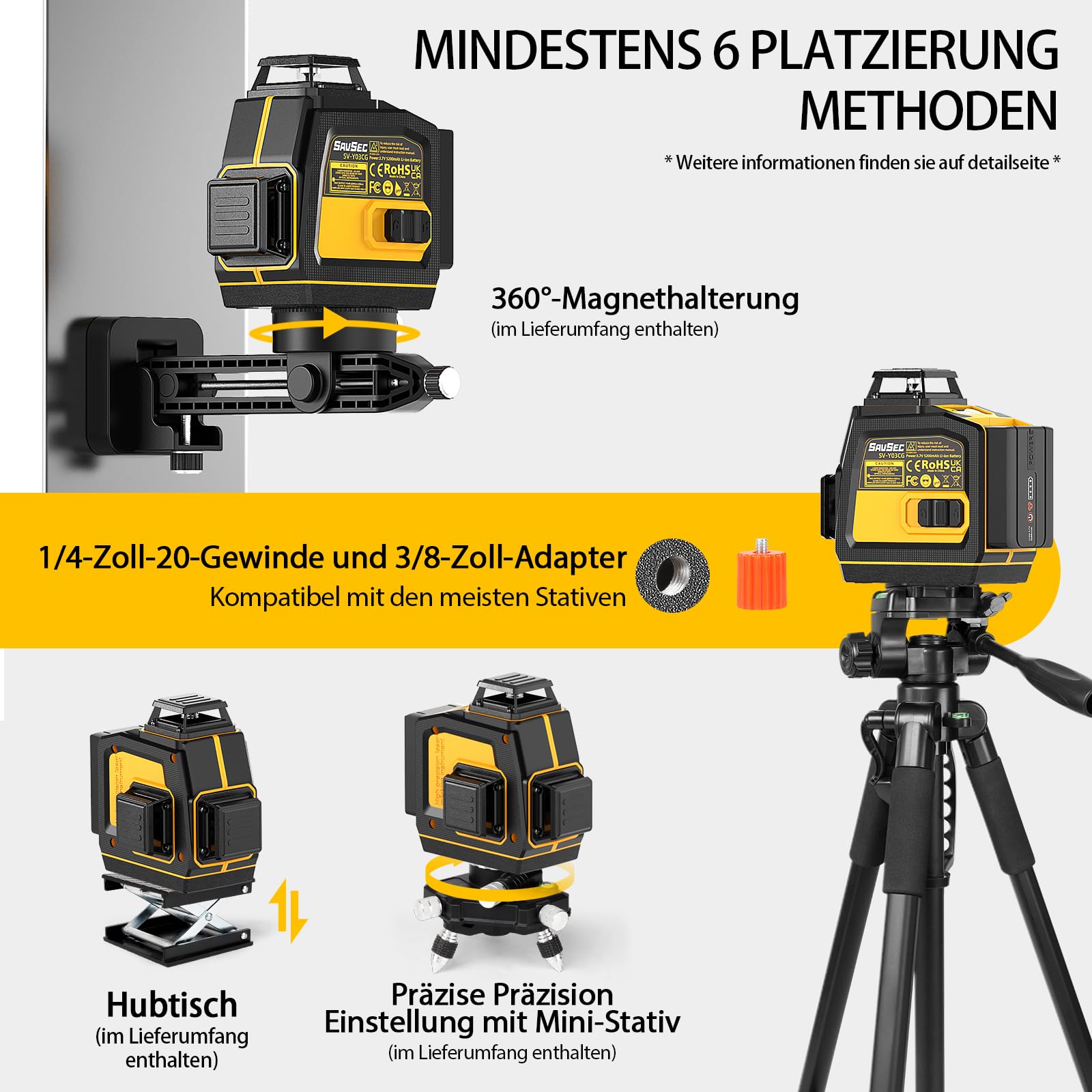 Nivel Laser 360 Autonivelante, 3x360° (hasta 37 horas) Nivel Láser Verdes, 12 Líneas Nivelador Laser, Recargable, Brillo ajustable, Control remoto, Conmutable, Para Uso Doméstico y Exterior