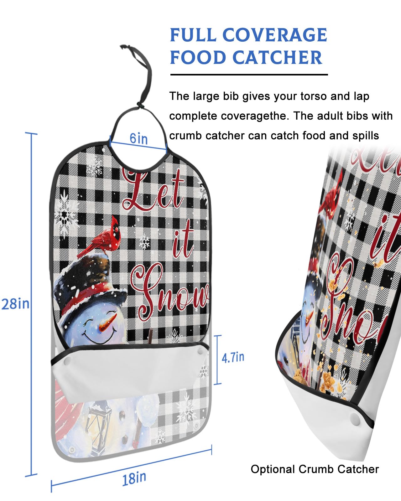Christmas Snowman Adult Bibs for Eating, Waterproof Bibs with Food Catcher & Adjustable Snap Closure, Xmas Winter Snowflake Birds Black White Plaid Clothing Protectors Adult Bibs for Elderly Women/Men