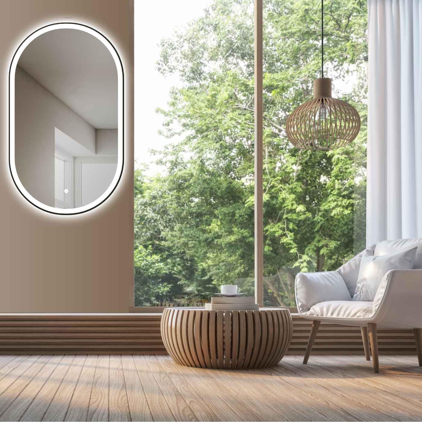 HOKO Design Bad Spiegel oval 50x90 cm / 90x50 cm Parma+ Metall Rahmen Schwarz. HOCH+QUER Montage. LED Badspiegel, Schminktisch Spiegel, Touch Schalter+Licht Wechsel-Warmweiß-Kaltweiß-Neutral