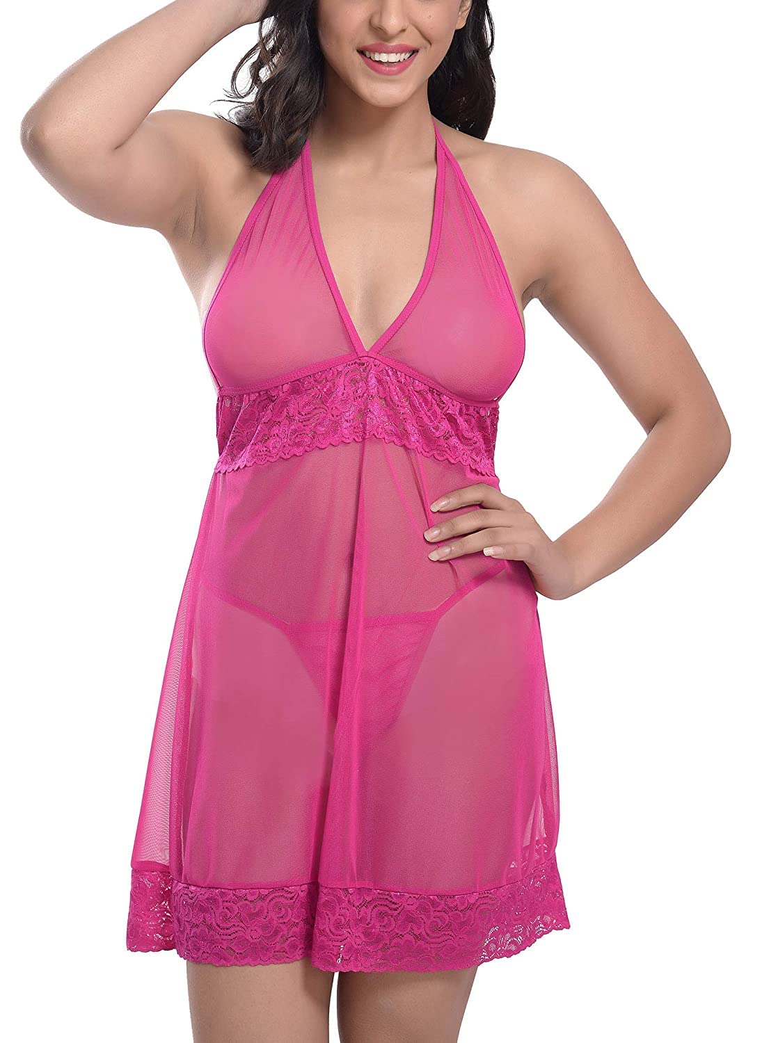 Ensemble nuisette en dentelle avec string et col en V pour femme Rose Taille unique