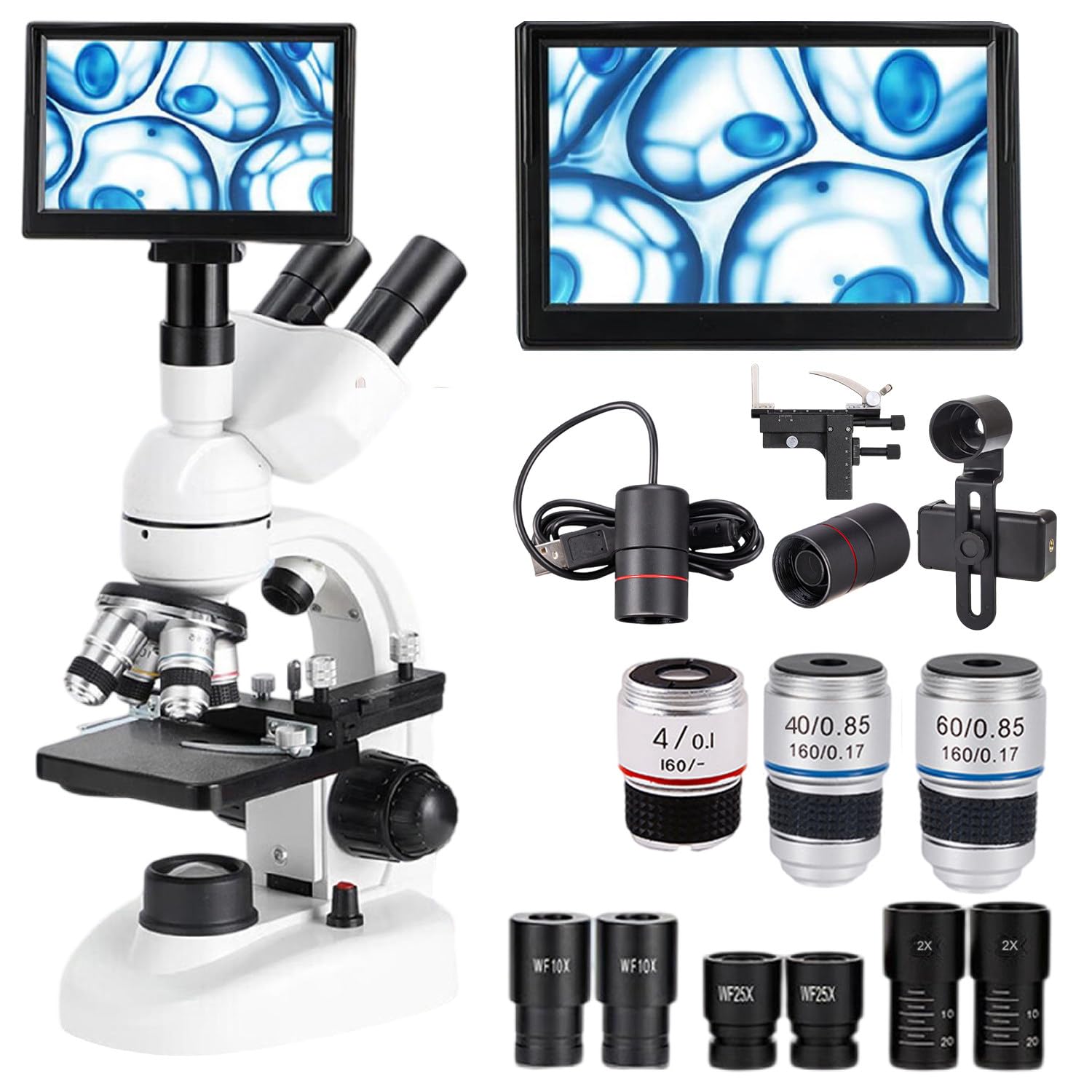 flatpincololee Upgraded HD Trinocular Microscope, With 5inch HD Display＆Electronic Eyepiece, 4X, 10X, 40X, 100X Objective Lens, With Mobile Phone Holder/Vernier Caliper, 110V-240V,2000X
