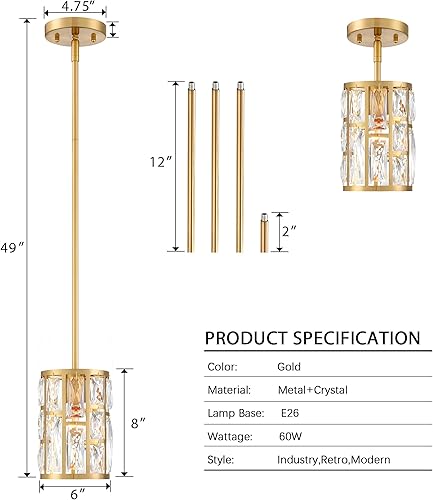 Miniatura 4 de Lámpara colgante de cristal moderna, paquete de 2 lámparas colgantes con acabado dorado para isla de cocina