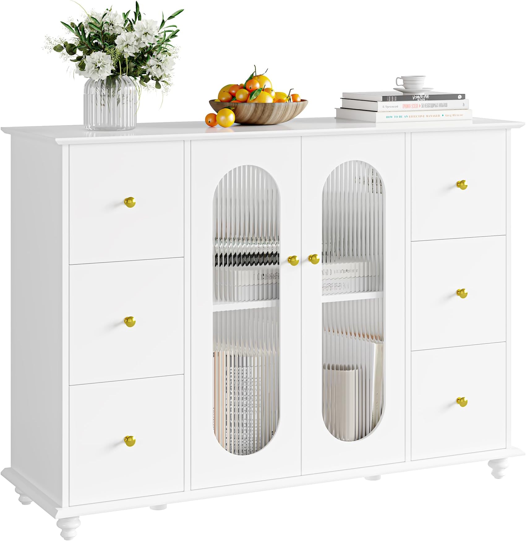 FACBOTALL Buffet Cabinet with Glass Doors,Modern Kitchen Sideboard Cabinet with 6 Drawers,47.2" White Storage Cabinet for Kitchen
