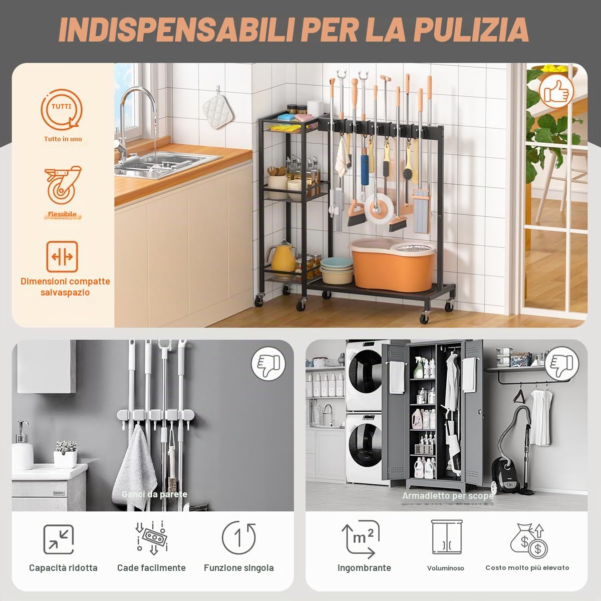 Porta Scope e Organizzatore per Prodotti di Pulizia – Soluzioni di Stoccaggio per Lavanderia e Ripostiglio con Supporto per Attrezzi, Porta Spazzole, Ganci, Griglie per Mop, Carrello per Pulizie