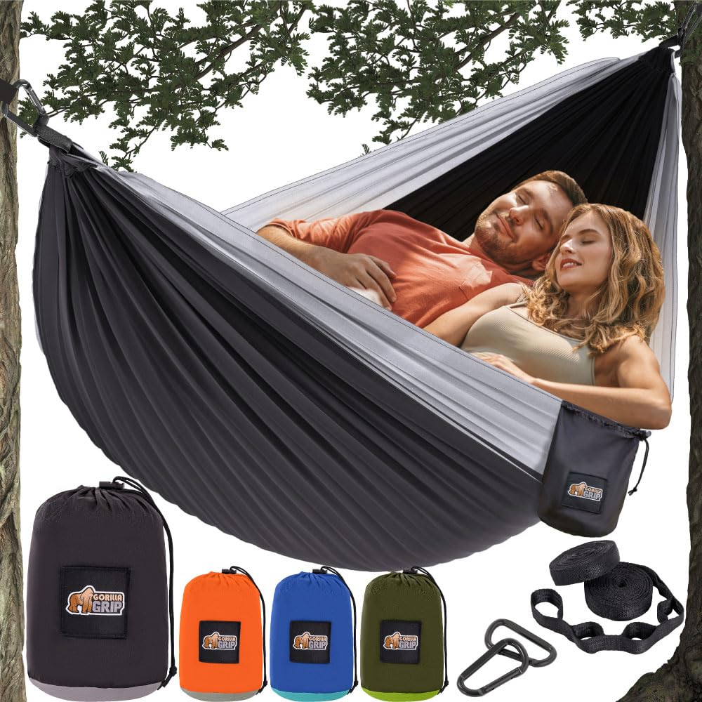 GORILLA GRIP Durable Camping Hammock with Heavy Duty Tree Straps, Portable Hammocks for Outside, Easy to Use Travel Swing Chair, Outdoor Camper Hiker Essentials, Backpacking Gear Gifts, Double, Black