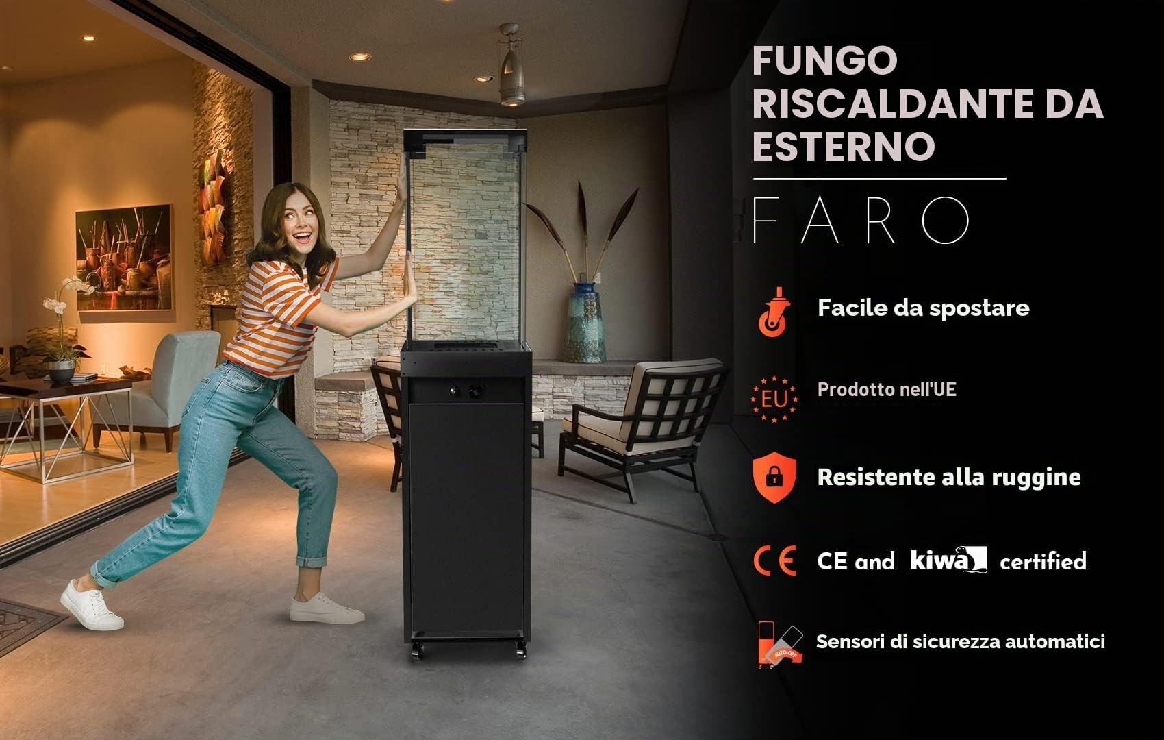 Planika Faro Patio Gas Riscaldatore nero portatile autonomo a propano per giardino terrazza