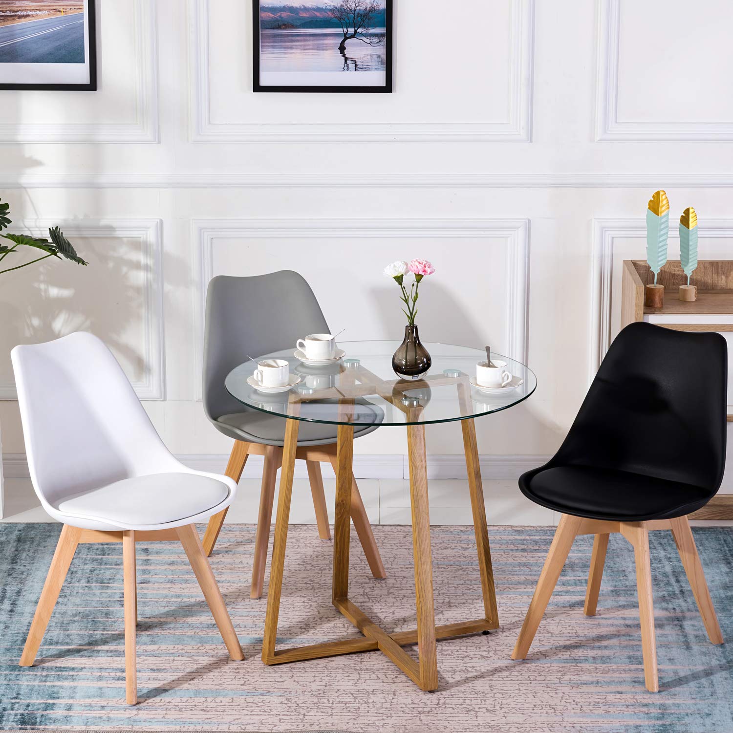 EGGREE Mesa de Cristal Redonda Mesa de Comedor Nordica Moderna, Patas de Metal Acabado de Roble, 80 x 75 cm