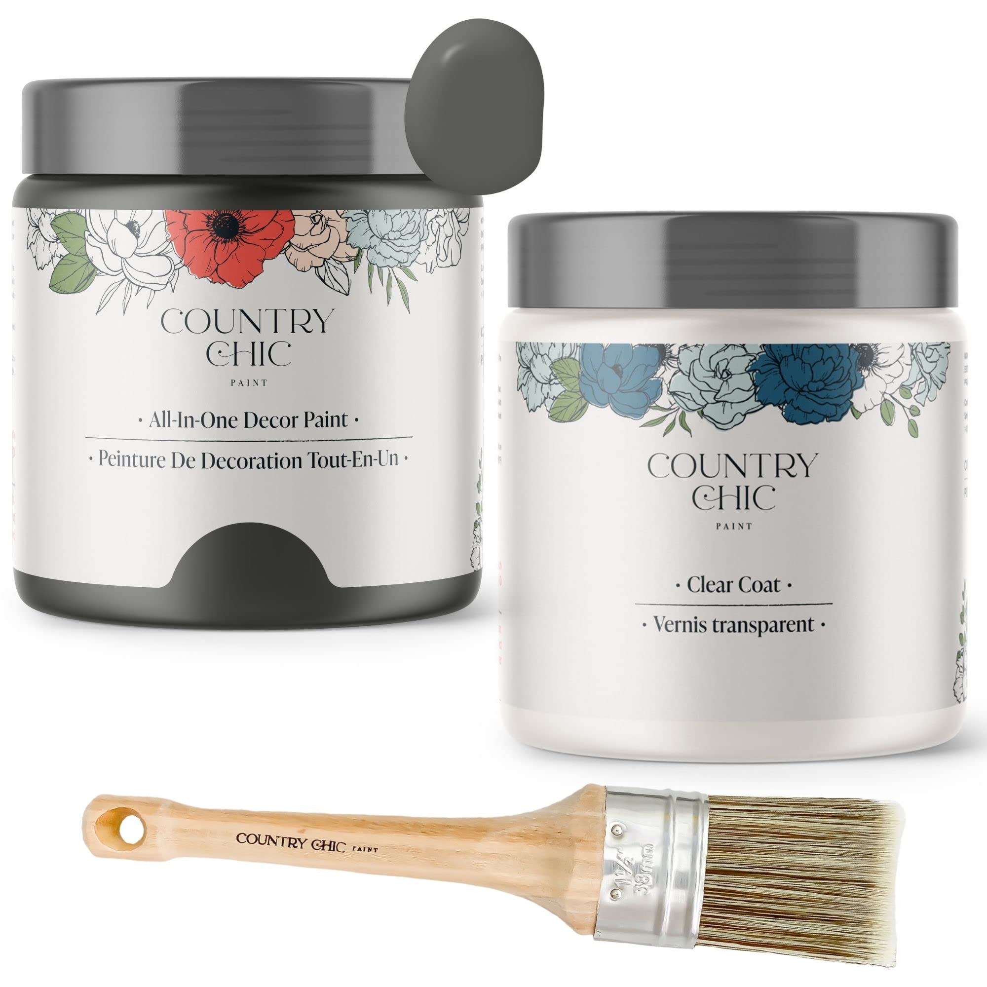 Chalk Style Paint + Clear Coat + Paint Brush Bundle - for Furniture, Home Decor, Crafts (Color: Rocky Mountain [pint - 16 oz] - Charcoal Grey)