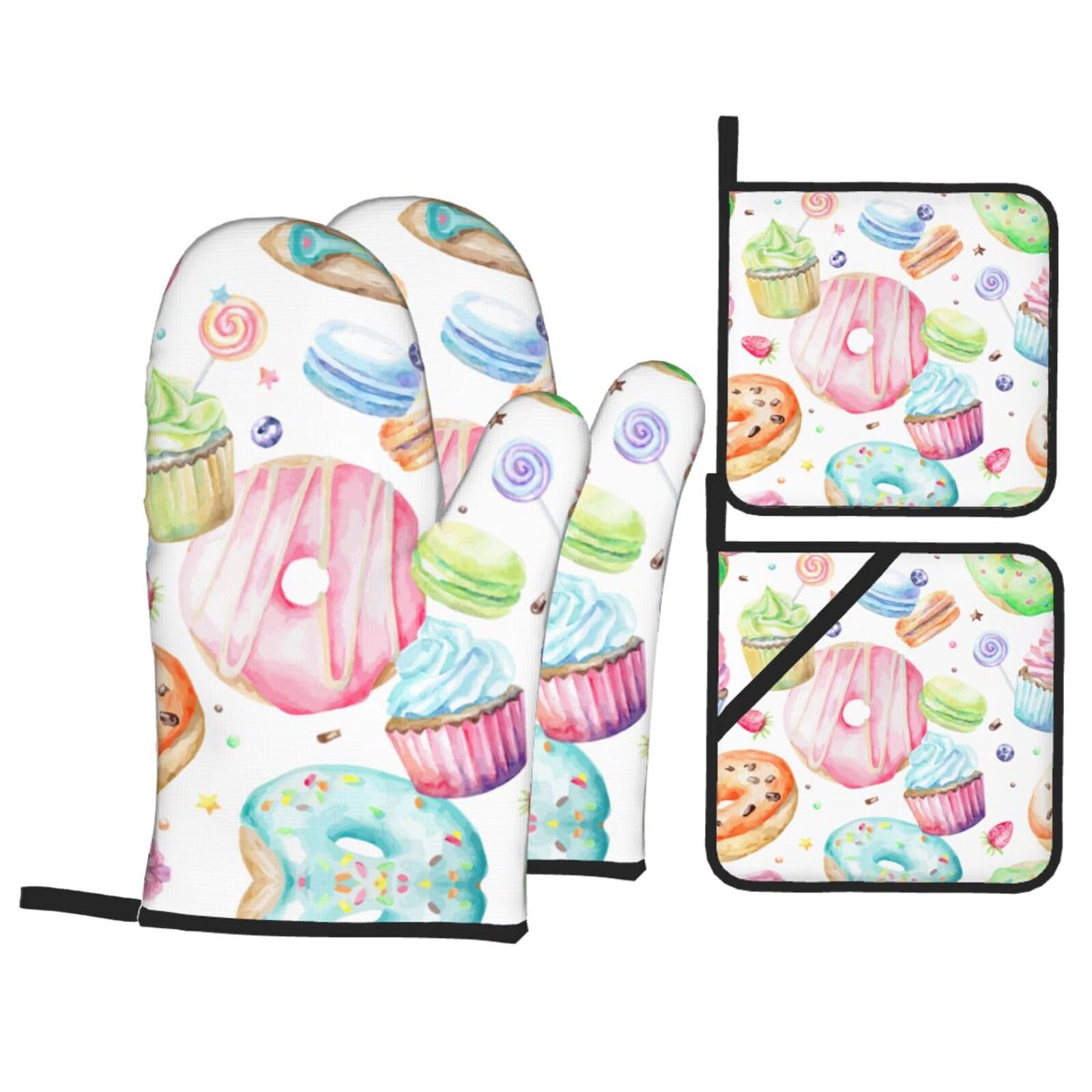 Cupcakes Donuts Muffins Sugar Print Stylish 4-Piece Microwaving Oven Waterproof Kitchen Gloves Baking Holiday Cooking