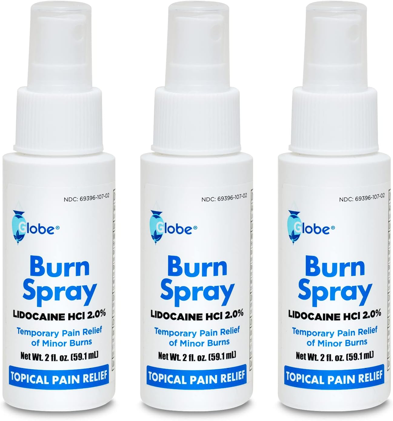 Globe (3 Pack) Burn Spray, Lidocaine 2%. Topical Anesthetic Pain Relief and Numbing 2 oz Spray Bottle