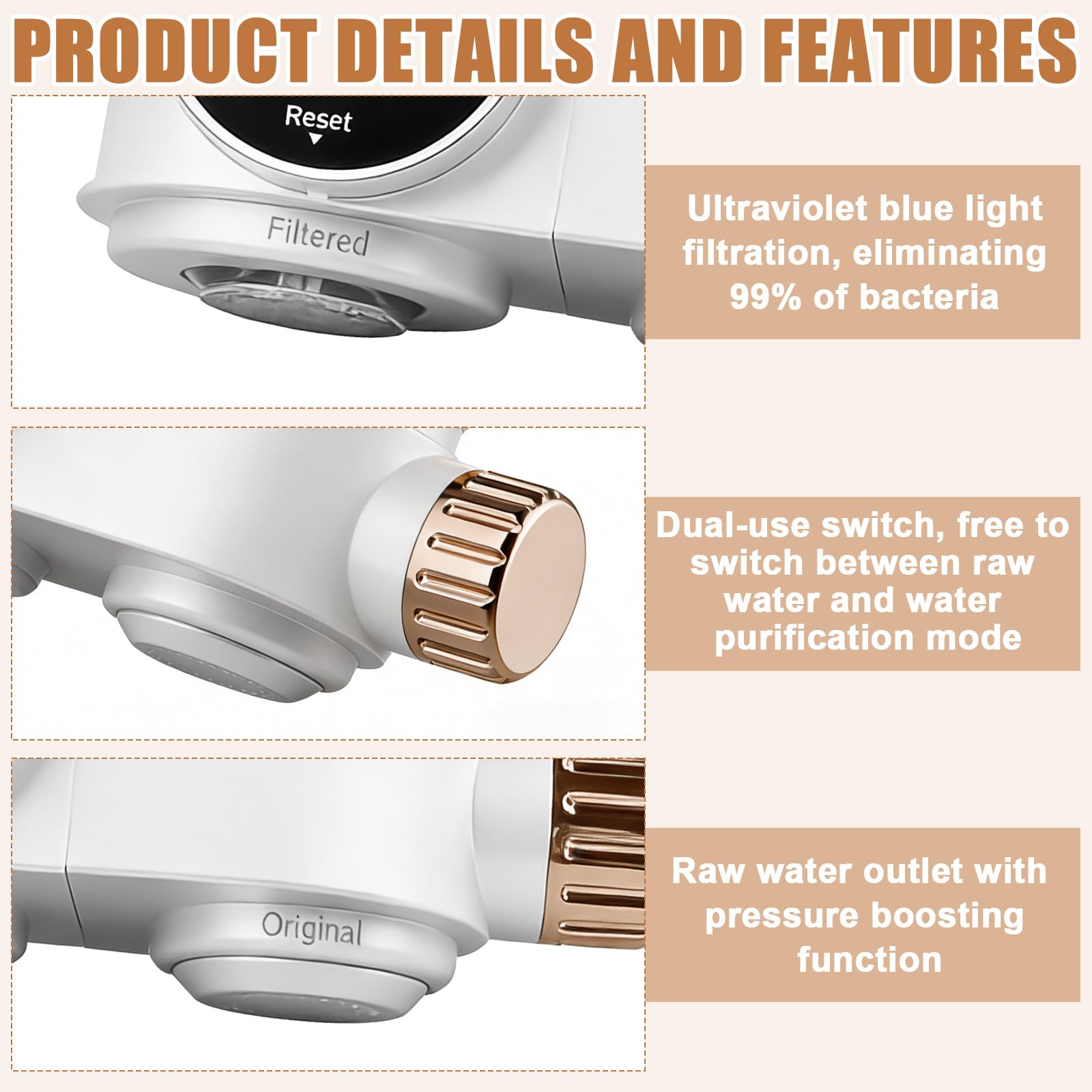 Filtre à eau pour robinet avec affichage LED - Filtre à eau potable - Élimine le chlore, les métaux lourds - Stérilisation UV - Pour la cuisine, les voyages, les animaux domestiques - Blanc