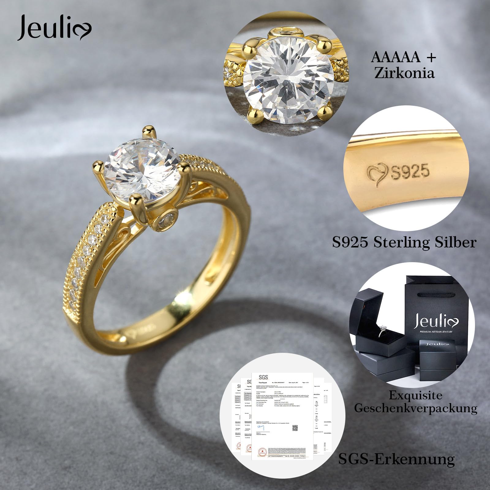 Jeulia Damen-Ring aus Sterlingsilber: Zirkonia vergoldet, Verlobungsring, Diamant-Bandring für Frauen und Mädchen, Ring, Partyschmuck, personalisiertes Jubiläumsgeschenk