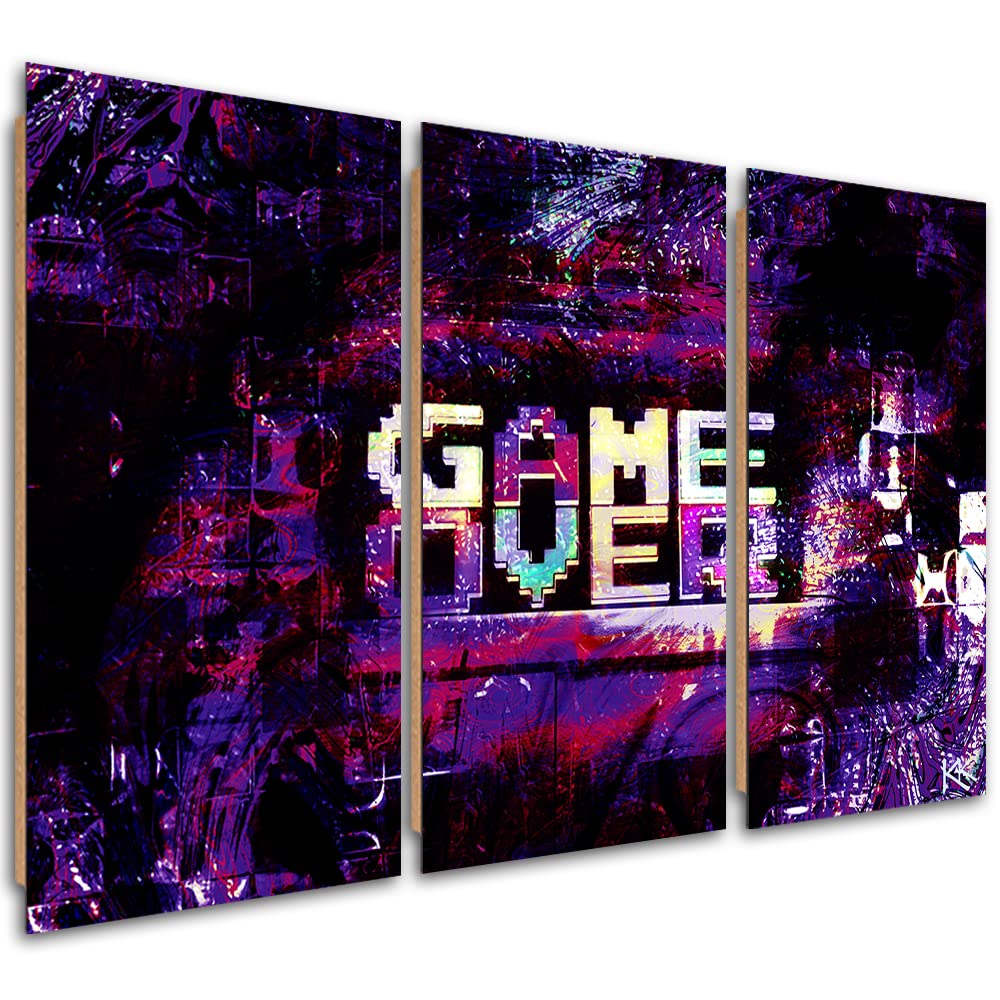 Feeby Quadro Su Tela 3 Parti 120x80 Cm Game Over Rosso - Decorazione Murale Gioco Per Gamer