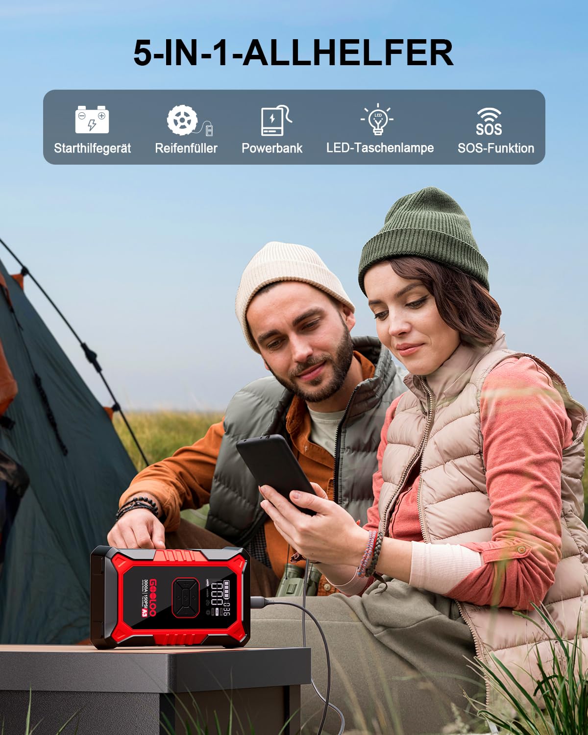 GOOLOO A3 Starthilfe Powerbank mit Kompressor, 3000A 150PSI Spitzenstrom Starter Powerbank für 12V Fahrzeuge(Bis zu 9.0L Benzin/6.5L Diesel), Tragbare Auto Starthilfe mit Digitale und LED